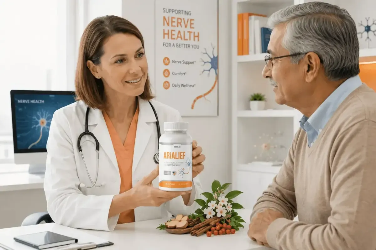 Discussing Arialief nerve health supplement during a wellness consultation
