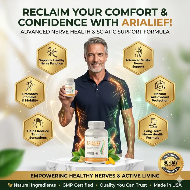 Man holding Arialief nerve health and sciatic support supplement bottle