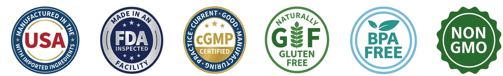 Arialief quality badges: made in USA, FDA-inspected facility, cGMP certified, gluten free, BPA free, non-GMO